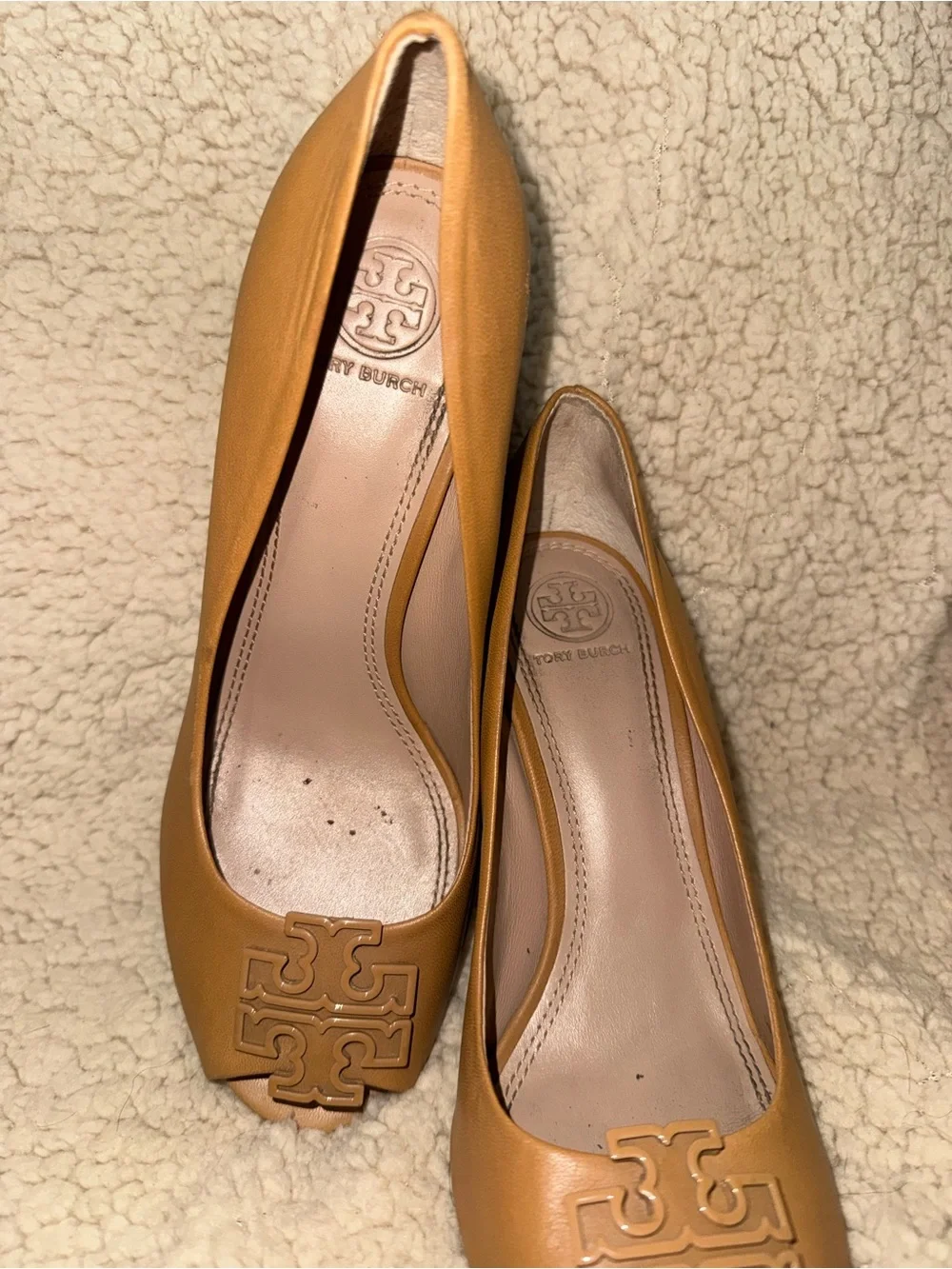 Tory Burch Cognac Leather Peep-Toe Wedge Pumps